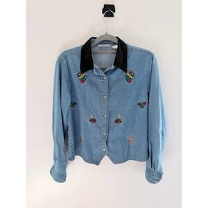 Vintage Bill Blass Denim Embroidered Christmas Velvet collar Long Sleeve-Size M